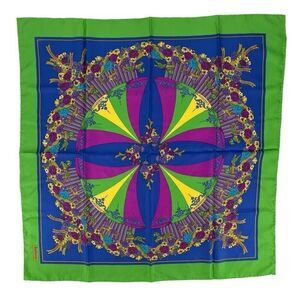 Vintage Burberrys' 100% Silk Square Foulard Scarf Carousel Horses Multicolored